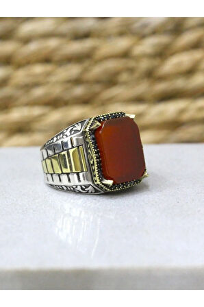 925 Ayar Gümüş Saat Kordon Model Kahverengi Akik Taşlı Erkek Yüzük