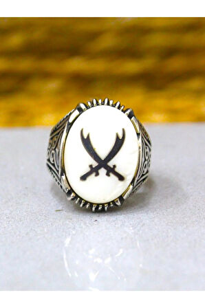 925 Ayar Gümüş Sedef Taş Zülfikar Kılıç Işleme Erkek Yüzük