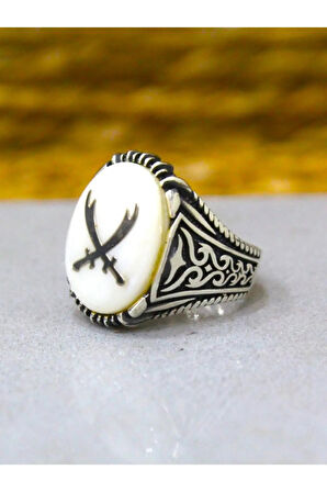 925 Ayar Gümüş Sedef Taş Zülfikar Kılıç Işleme Erkek Yüzük