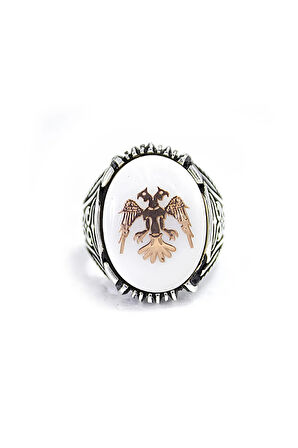 925 Ayar Gümüş Sedef Taş Çift Başlı Kartal Işleme Yüzük