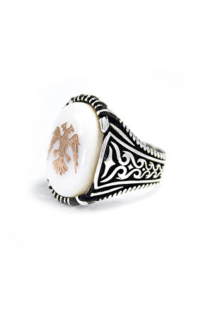 925 Ayar Gümüş Sedef Taş Çift Başlı Kartal Işleme Yüzük
