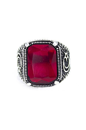 925 Ayar Gümüş Ayyıldız Desenli Yakut Renkli Erkek Yüzük