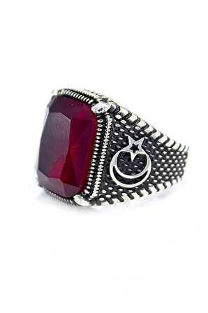 925 Ayar Gümüş Ayyıldız Desenli Yakut Renkli Erkek Yüzük