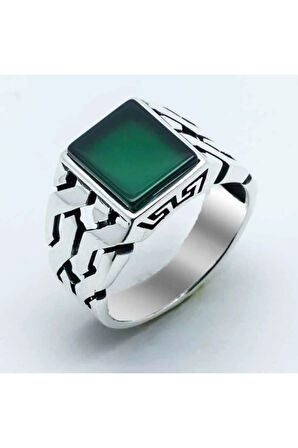 925 Ayar Gümüş Örgü Model Yeşil Akik Taşlı Yüzük