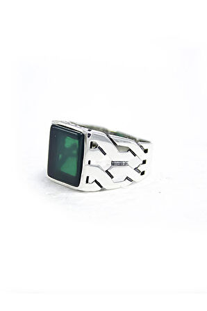 925 Ayar Gümüş Örgü Model Yeşil Akik Taşlı Yüzük