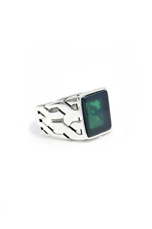 925 Ayar Gümüş Örgü Model Yeşil Akik Taşlı Yüzük
