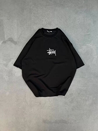 stilaura Unisex Bisiklet Yaka Baskılı Oversize T-Shirt - Siyah