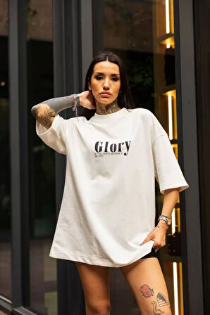 stilaura Unisex Bisiklet Yaka Baskılı Oversize T-Shirt - Beyaz
