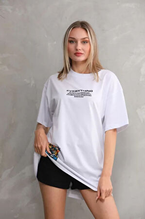 stilaura Unisex Bisiklet Yaka Baskılı Oversize T-Shirt - Beyaz