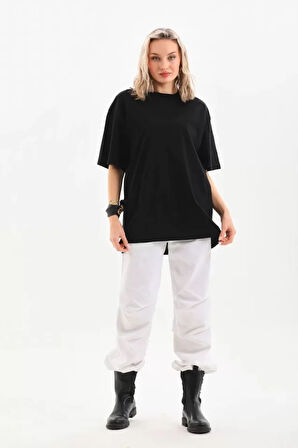 stilaura Unisex Bisiklet Yaka 20/1 Düz Oversize T-Shirt - Siyah