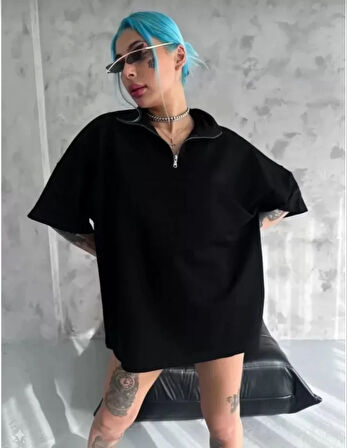 stilaura Unisex Yarım Fermuarlı Düz Oversize T-Shirt - Siyah