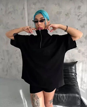 stilaura Unisex Yarım Fermuarlı Düz Oversize T-Shirt - Siyah