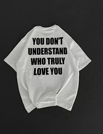 stilaura Unisex Bisiklet Yaka Baskılı Oversize T-Shirt - Beyaz