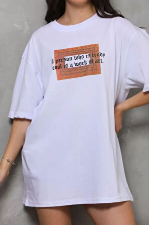 stilaura Unisex Bisiklet Yaka Baskılı Oversize T-Shirt - Beyaz