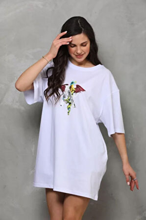 stilaura Unisex Bisiklet Yaka Baskılı Oversize T-Shirt - Beyaz