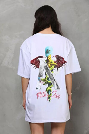 stilaura Unisex Bisiklet Yaka Baskılı Oversize T-Shirt - Beyaz