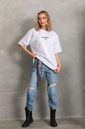 stilaura Unisex Baskılı Oversize T-Shirt - Beyaz