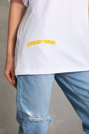 stilaura Unisex Baskılı Oversize T-Shirt - Beyaz