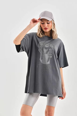 stilaura Unisex Taş Desenli Oversize T-Shirt - Füme