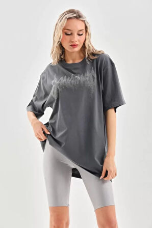 stilaura Unisex Taş Desenli Oversize T-Shirt - Füme