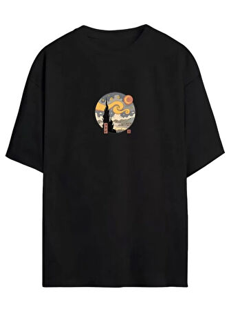 stilaura Unisex Baskılı Oversize T-Shirt - Siyah