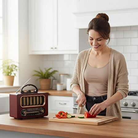 Sylar Orta Boy Retro Ahşap Tasarım Bluetooth Hoparlörlü Radyo – FM/AM Destekli, Şarjlı ve Taşınabiliri Radyo NS-6636