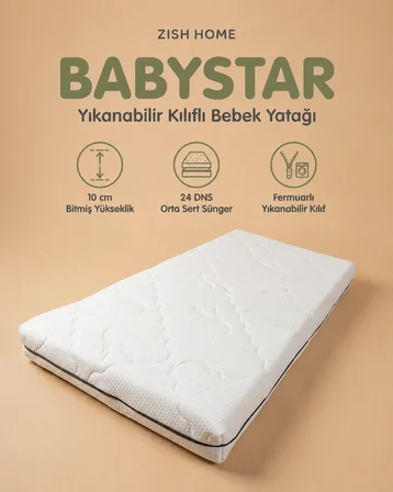 BABYSTAR Sünger Bebek ve Çocuk Yatağı | Fermuarlı Yıkanabilir Kılıf | Beşik ve Park Yatak | 10 cm