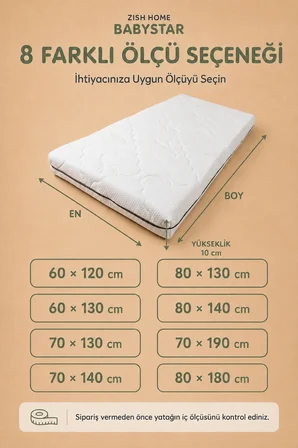 BABYSTAR Sünger Bebek ve Çocuk Yatağı | Fermuarlı Yıkanabilir Kılıf | Beşik ve Park Yatak | 10 cm