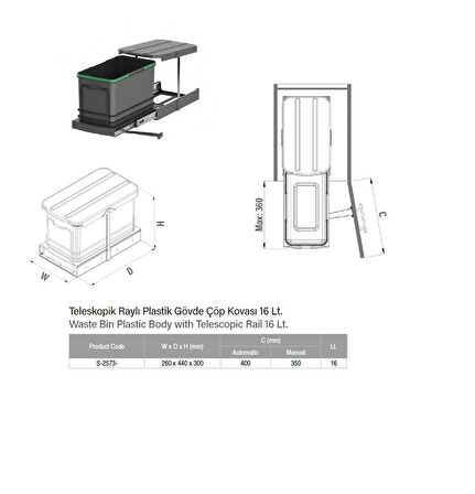 STARAX Teleskopik Raylı Plastik Gövde Çöp Kovası  16 Lt S-2573-A