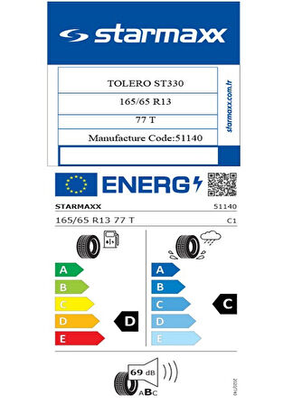 Starmaxx 165/65 R13 TL 77T TOLERO ST330 Yaz Lastiği (Üretim Tarihi:2024)
