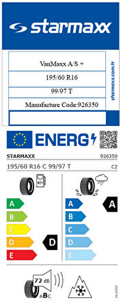 Starmaxx 195/60 R16 C TL 99/97T 6PR VANMAXX + A/S Dört Mevsim Lastiği (Üretim Tarihi:2025)