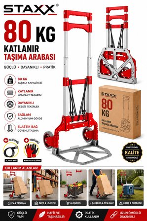 80 KG Katlanır Taşıma Arabası | Portatif Koli Yük El Arabası | Alüminyum Gövde | Sessiz Tekerlek | B