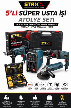 5'li Atölye Paketi | Kaynak Makinesi + Kırıcı Hilti + Avuç Taşlama + Darbeli Matkap + Akülü Matkap