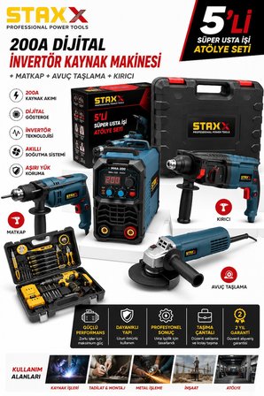 5'li Atölye Paketi | Kaynak Makinesi + Kırıcı Hilti + Avuç Taşlama + Darbeli Matkap + Akülü Matkap