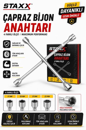 Çapraz Bijon Anahtarı 17-19-21-23 mm – Ağır Hizmet Tipi Lastik Sökme Takma Anahtarı