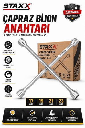 Çapraz Bijon Anahtarı 17-19-21-23 mm – Ağır Hizmet Tipi Lastik Sökme Takma Anahtarı