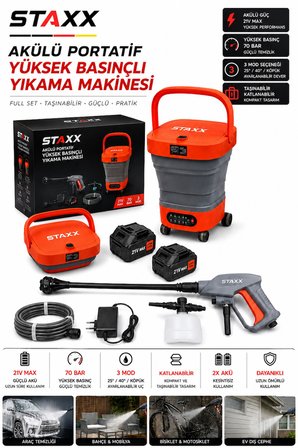Yeni Nesil 21V x2 Akülü Portatif Basınçlı Yıkama Makinesi 70 Bar Köpük Tanklı Araç Yıkama Full Seti