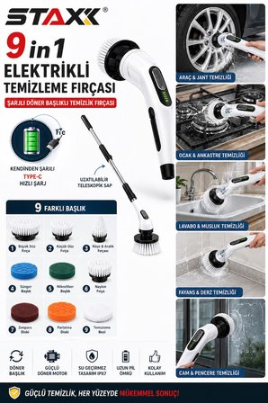 Şarjlı Ve Elektrikli Temizlik Fırçası | Turbo Dönüş Teknolojisi | IPX7 Su Geçirmez | 9 Başlıklı Set