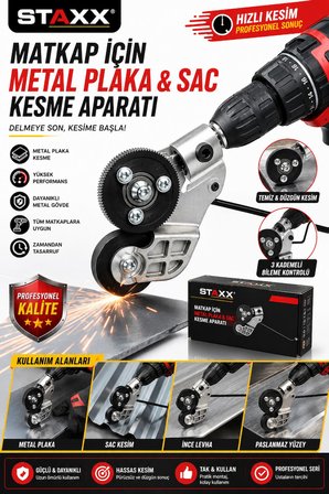 Matkap İçin Metal Plaka & Sac Kesme Aparatı Sac Makası Tüm Elektrikli ve Şarjlı Matkaplara Uyumlu