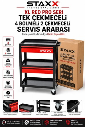 XL Red Pro Seri 2 Çekmeceli 4 Bölmeli Profesyonel Alet Servis Arabası Metal Takım Tezgah Arabası