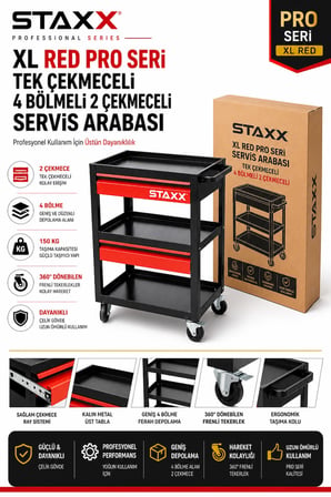 XL Red Pro Seri 2 Çekmeceli 4 Bölmeli Profesyonel Alet Servis Arabası Metal Takım Tezgah Arabası