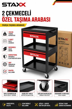 2 Çekmeceli Parça Taşıma Arabası | Ağır Hizmet Çelik Gövde | Raylı Çekmeceli Servis Arabası