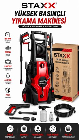 180 Bar Profesyonel Basınçlı Yıkama Makinesi | 2500W Bakır Motor | Köpük Tabancalı Full Set
