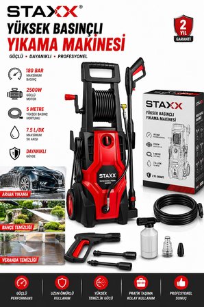 180 Bar Basınçlı Yıkama Makinesi 2500W Bakır Motorlu Köpük Aparatlı Oto Bahçe Duvar Temizleme Set