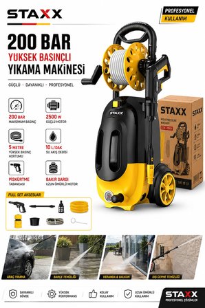 200 Bar Basınçlı Yıkama Makinesi  Çelik Şanzıman Bakır Sargılı Motor Köpük Aparatı Hortum Makaralı