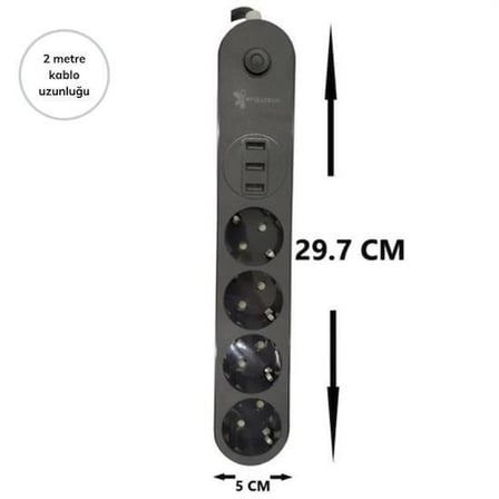 4lü Siyah Anahtarlı 3 USB Li Akım Korumalı Topraklı Çocuk Korumalı Grup Priz 2 Metre