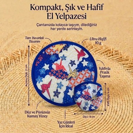  Origami Turna Kuşu Desenli Pratik Katlanabilir El Yelpazesi – Japon Stili Kılıflı Yuvarlak Otomatik Açılıp Kapanan Cep Yelpazesi