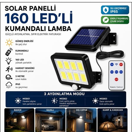160 LED Solar Bahçe Aydınlatması, 6'lı Güneş Panelli LED Lamba, 5 Metre Kablolu ve Kumandalı