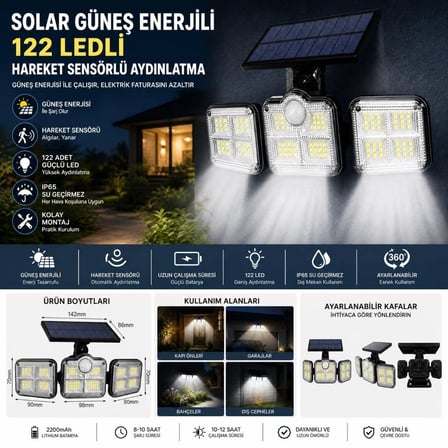 3'lü 122 LEDLİ Güneş Enerjili Hareket Sensörlü Aydınlatma, Dış Mekan Duvar ve Bahçe Lambası Solar LED