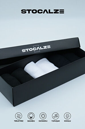 Stocalze Bambu Erkek Patik Çorap Dikişsiz Logo Desenli Premium Kutulu 6'lı (Siyah, Lacivert, Beyaz)